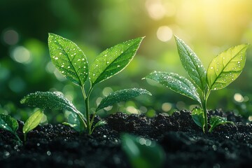 Poster - Dew-Covered Green Shoots Emerging from Rich Soil