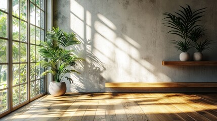 Wall Mural - Sunlit Interior with Window, Plants, and Wooden Shelf