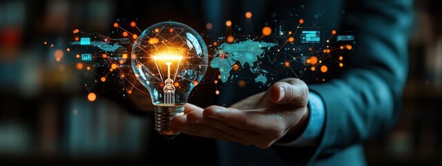 Aufkleber - A Person Holding a Glowing Lightbulb with a World Map and Network Connections Inside