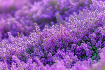 Poster - Close up macro of fragrant Breckland wild thyme a beautiful culinary and medicinal plant in the sunlit field