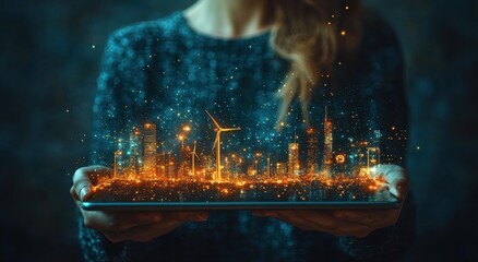 Fototapete - Person Holding a Tablet with a Digital Cityscape and Wind Turbines