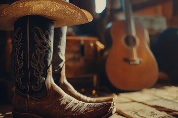 Wall Mural - Country music event featuring a live concert or rodeo set in a barn with cowboys guitars and boots