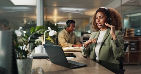 Poster - African woman, call center and laptop with advice at office, reading and telemarketing at night. Person, consultant and headset with mic, pc and customer service with voip for tech support at startup