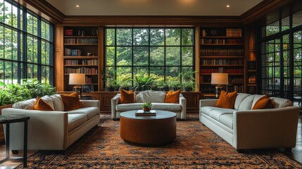 Aufkleber - A spacious living room features plush sofas with orange cushions, a round coffee table, and bookshelves filled with books. Sunlight streams through the large windows.