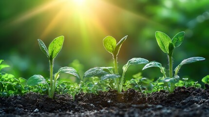 Young Green Plants Growing in the Soil with Sunlight