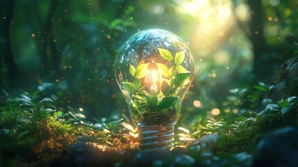 Poster - A Lightbulb Containing Green Plants in a Forest Setting