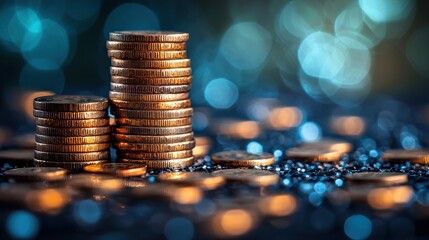 Aufkleber - Stacks of Gold Coins with Blue Bokeh Background