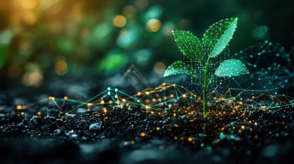 Aufkleber - A Green Plant Growing in a Digital Network of Lights