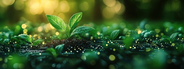 Fototapete - A Sprout Growing on a Circuit Board in a Lush Green Forest
