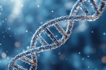 Poster - Close-up of a Shiny Silver DNA Double Helix with Blue Background and Blurred Lights