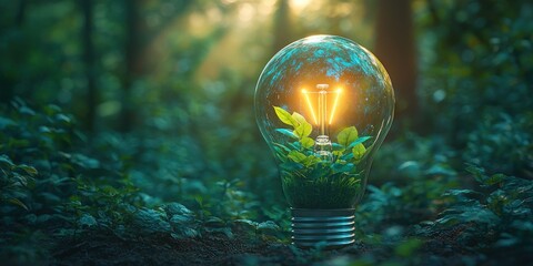 Aufkleber - Light Bulb Filled with Green Plants in a Forest Setting