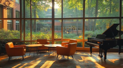 Poster - A serene lounge area features vibrant orange chairs and a grand piano, illuminated by soft golden sunlight filtering through large windows. The peaceful surroundings enhance relaxation.
