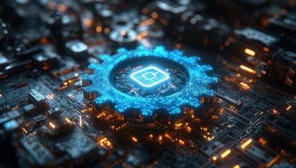 Fototapete - Glowing Blue Gear with White Icon on Circuit Board
