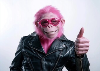 Wall Mural - a pink-furred monkey in a black leather jacket and pink sunglasses giving a thumbs-up, combining fun