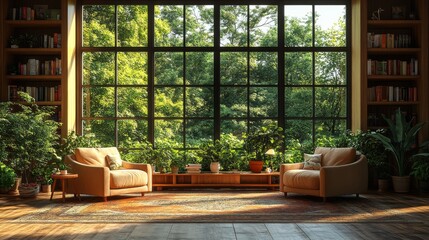 Leinwandbilder - A bright living room features two comfortable chairs facing a large window filled with vibrant greenery. Sunlight filters through the glass, creating a serene atmosphere ideal for unwinding.
