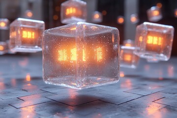 Sticker - Transparent Cubes with Glowing Inner Lights on a Tiled Floor