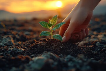 Poster - Hand Gently Tending a Sprout Emerging from Soil at Sunset