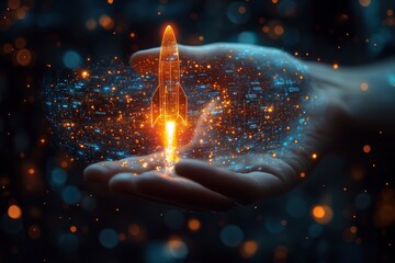 Aufkleber - Hand Holding a Glowing Rocket Ship with Digital Code and Sparks