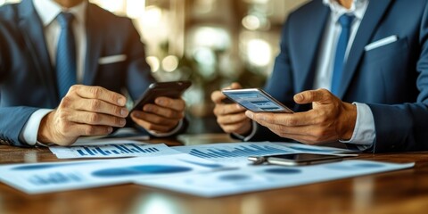 Aufkleber - Two Businessmen Analyzing Data on Their Smartphones