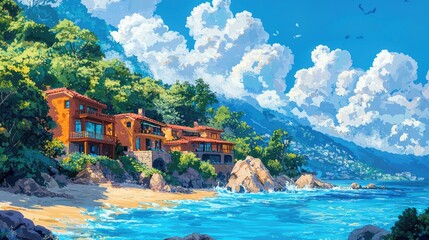 Wall Mural - A picturesque coastal scene featuring a cluster of charming villas nestled amongst lush greenery