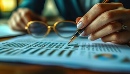 Leinwandbilder - Close-up of Hand Holding a Gold Pen Pointing to a Graph on a Page