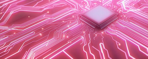 a close-up of a modern microchip surrounded by intricate pink circuit patterns, technology