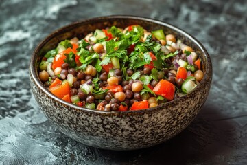 Wall Mural - Protein rich boiled black chickpea salad with tomatoes onion chives and coriander ideal for weight loss