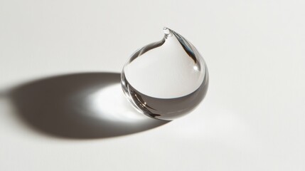Wall Mural - A large, clear water droplet with perfect symmetry, suspended mid-air, casting a faint shadow on a white background for a clean look