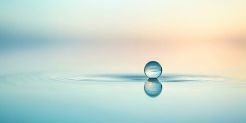 Wall Mural - A macro shot of a single water droplet resting on a flat, smooth surface with delicate reflections, creating a calming and minimalist composition