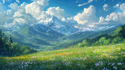 Wall Mural - A picturesque mountain landscape with a valley of wildflowers and a snowy peak in the distance.