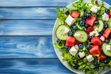 Wall Mural - Salad featuring watermelon cucumber blueberries and feta displayed on a blue wooden table from above