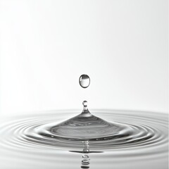 Wall Mural - A single, smooth water droplet in mid-air, with gentle reflections and soft shadows, isolated on a bright white background