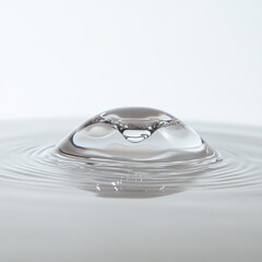 Wall Mural - A small, glossy water droplet in mid-fall, with a crystal-clear surface and subtle reflections, isolated on a bright white background
