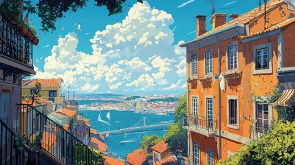 Wall Mural - A picturesque view of a city with a bridge and buildings in the background.