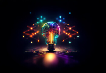a glowing lightbulb with iridescent colors radiates light and sparks against a dark background.
