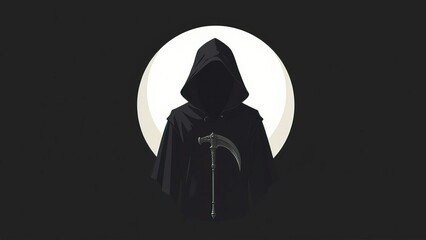 Mysterious hooded figure with scythe silhouette against full moon, symbolizing mortality and the afterlife, morgue logo concept