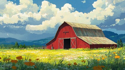 Wall Mural - A red barn stands in a field of wildflowers under a blue sky with puffy clouds.