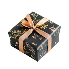 Wall Mural - Black gift box with golden bow isolated on transparent background