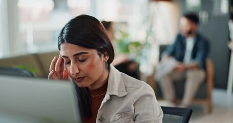 Woman, employee and eye strain on computer at office for internet, online error and research for ideas. Female person, tired and burnout with deadline, project and overworked as software engineer