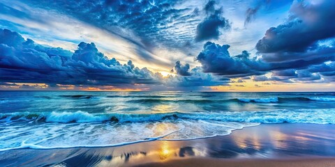 Wall Mural - Blue sunset seascape with beach waves and cloudy sky , ocean, seascape, beach, waves, clouds, sunset, blue, sky, nature