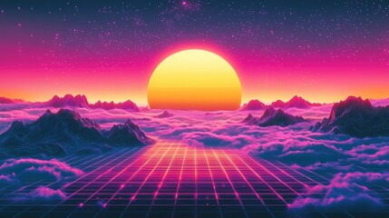 Wall Mural - a retro-futuristic sunset over mountains with a grid overlay and a large sun in the sky.