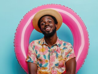 Happy Man Posing with Inflatable Tube Ring