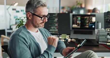 Leinwandbilder - Man, glasses and thinking with tablet for web development, research and problem solving in office. Programmer, tech and code on computer screen for programming, innovative software and engineering