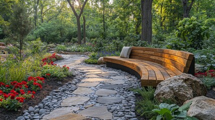 Aufkleber - A beautifully designed garden path meanders through lush greenery, featuring a curved wooden bench and colorful flower beds in warm evening light.