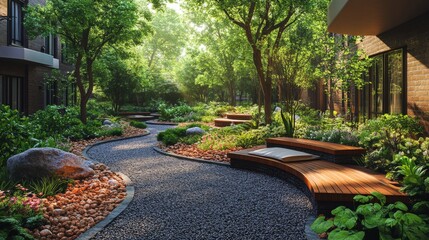 Poster - Visitors stroll along a winding garden path lined with smooth stones, vibrant plants, and comfortable benches, basking in nature tranquility during the afternoon.