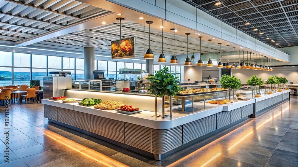 Airport interior with a food bar bustling with tourists , Travelers ...