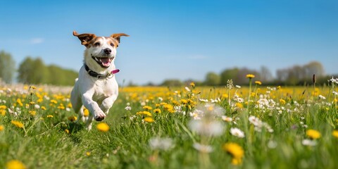 cute happy dog running in flower field of dandelions and daisies with a sky background.