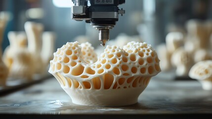 Aufkleber - A 3D printer nozzle dispensing plastic filament to create a complex, organic-looking sculpture.