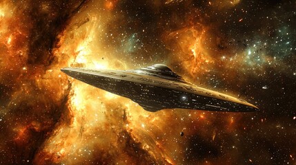 Wall Mural - a silver flying saucer with glowing lights against a backdrop of a fiery nebula in space.