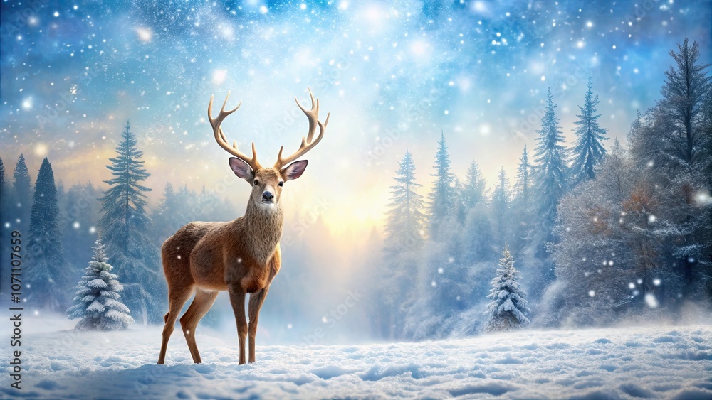 Christmas background featuring a majestic deer in a winter wonderland ...